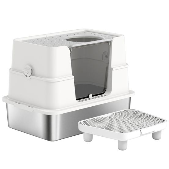 Bac à litière xl acier inoxydable gris clair 60,2x40,2x44,5 cm grand chat 3 modes