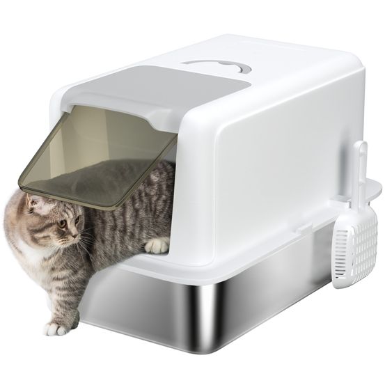 Maison de toilette acier inoxydable chats hygiène anti-odeur 40x60x41cm blanc
