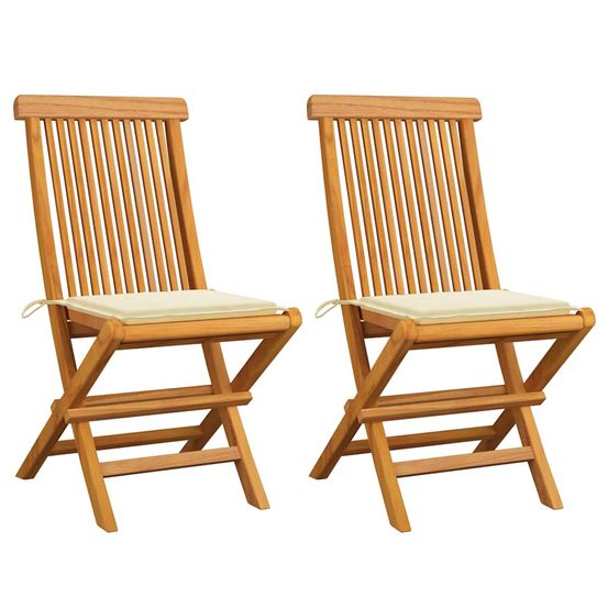 Chaises pliantes avec coussins crème, 2 pièces, en teck massif
