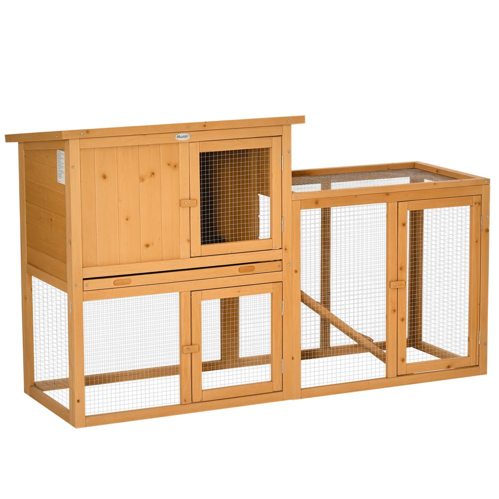 Clapier lapin bois de sapin 141 x 60 x 86 cm brun 2 niveaux avec bacs amovibles