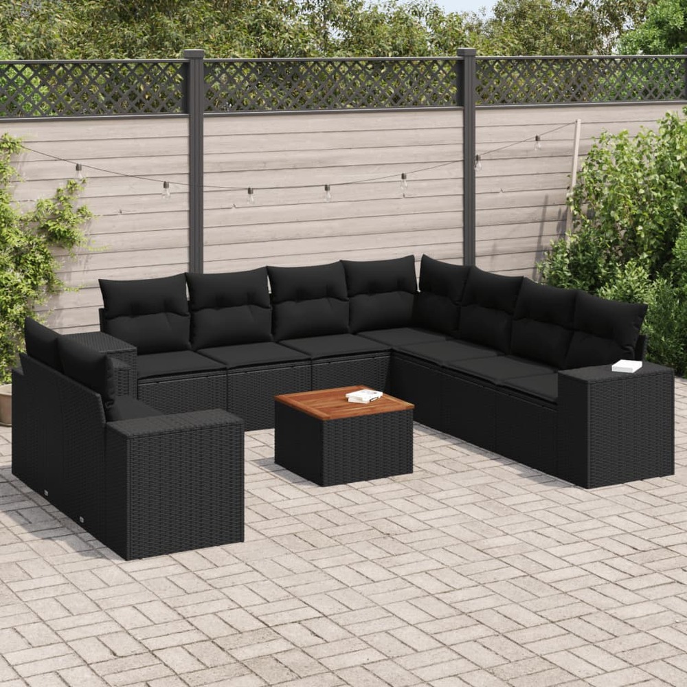 Salon de jardin 10 pcs avec coussins noir résine tressée