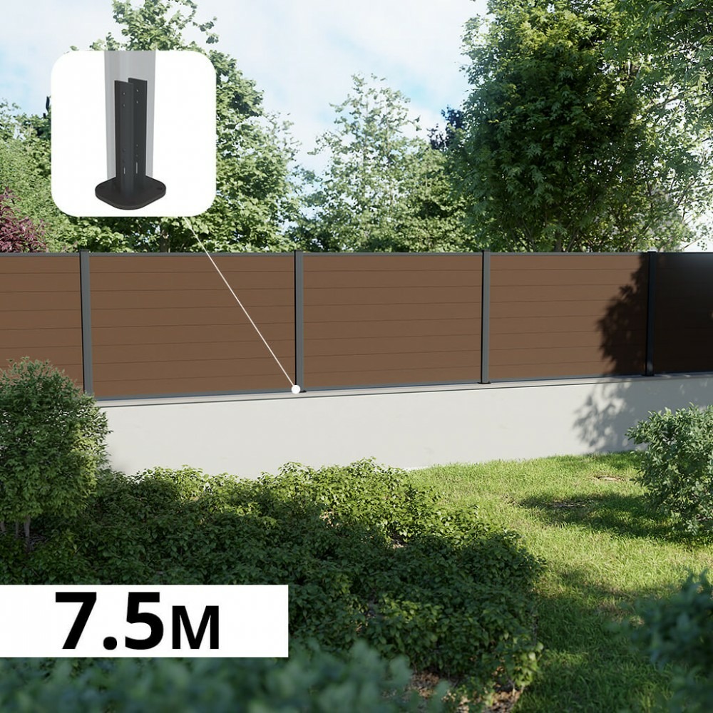 Kit clôture composite sur muret rio bronze 7,5x1,2m - bois composite & aluminium - poteaux sur platines gris - brise vue