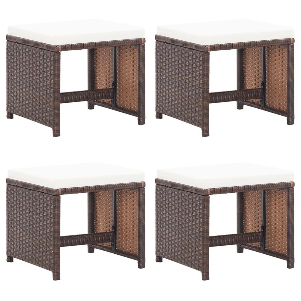 Tabourets de jardin lot de 4 et coussins résine tressée marron