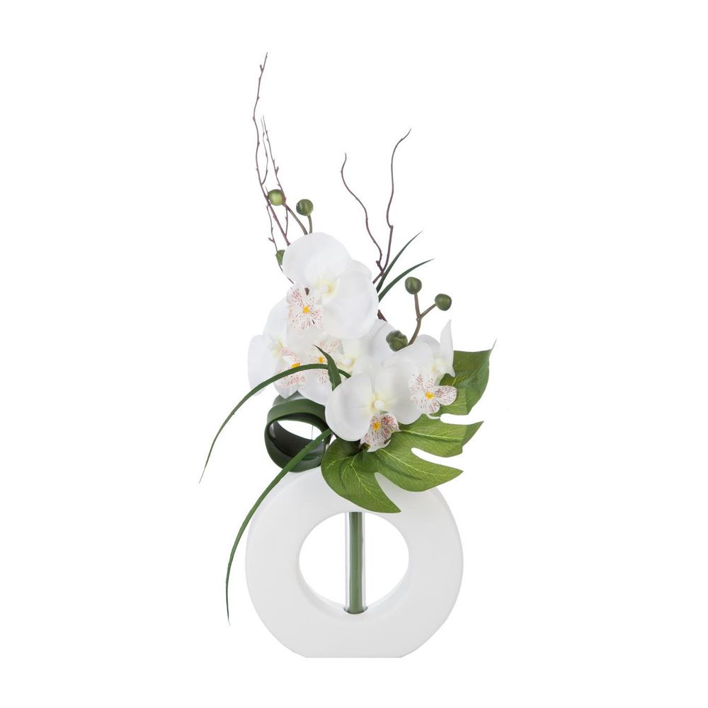 Composition florale d'orchidées artificielles vase blanc en céramique h 45 cm