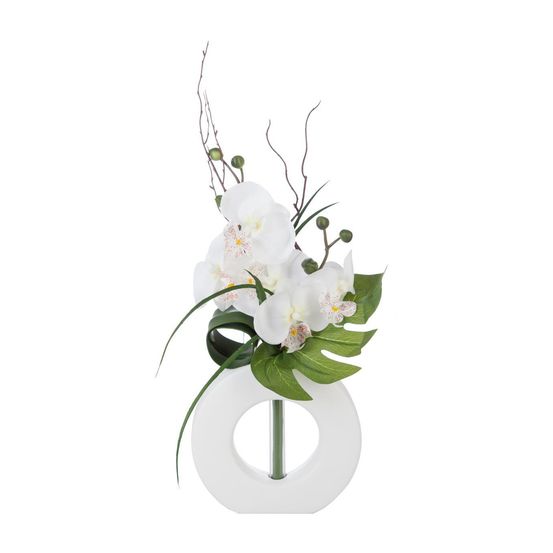 Composition florale d'orchidées artificielles vase blanc en céramique h 45 cm