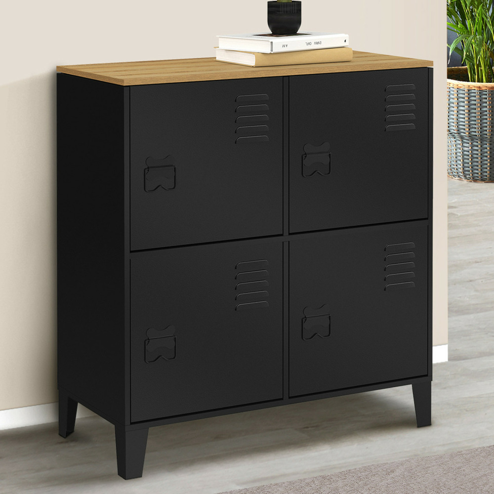 Buffet d'appoint casier 70 cm ester 4 portes en métal noir plateau bois design industriel