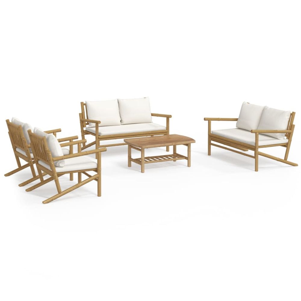 Salon de jardin 5 pcs avec coussins blanc crème bambou