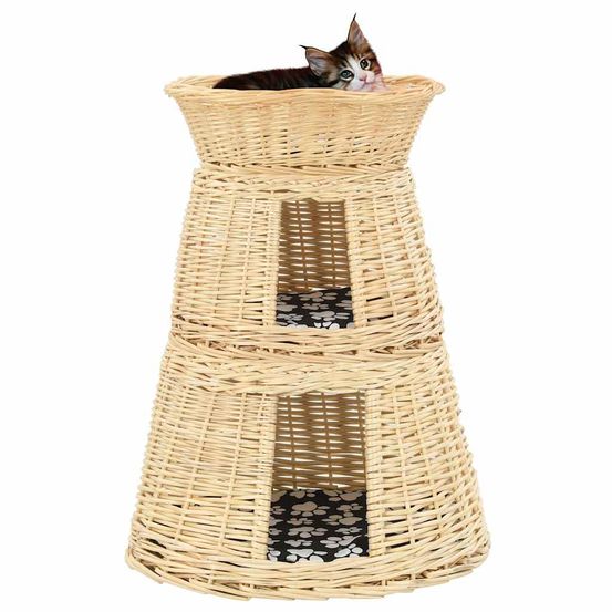 Set 3 paniers chat osier naturel coussin brun 60cm pour chat adulte design