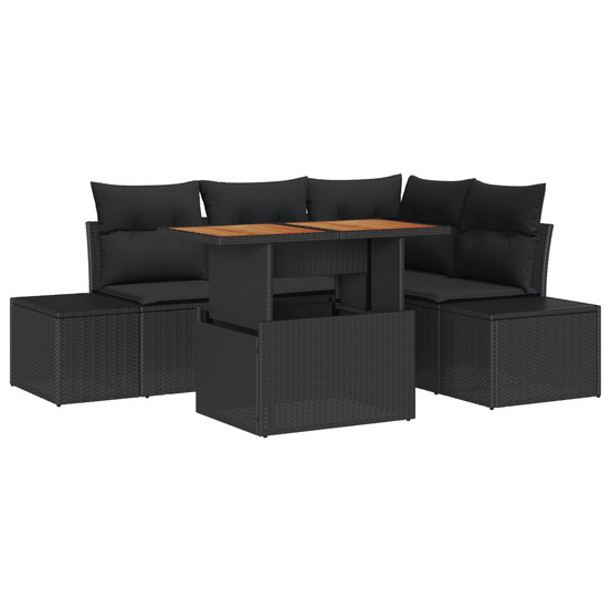 Ensemble de salle à manger de jardin de 5 pièces avec coussins rattan poly noir acacia