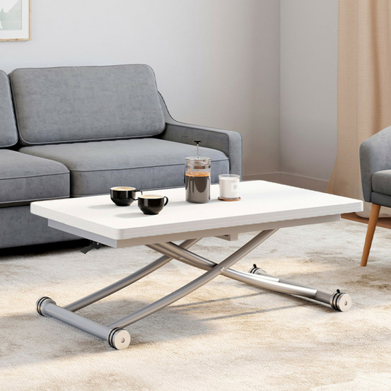 Table basse extensible relevable en table à manger rectangulaire urbana plateau blanc pied chrome