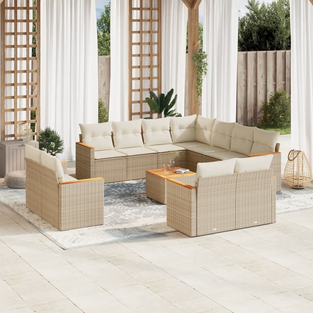Salon de jardin avec coussins 12 pcs beige résine tressée