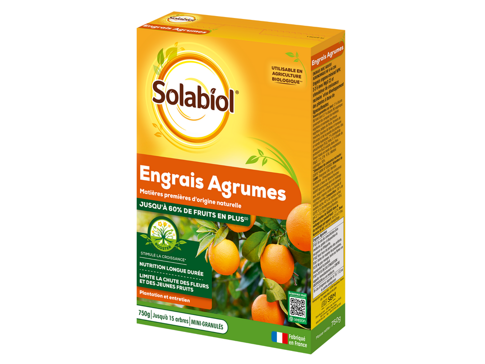 Solabiol engrais agrumes - 750g - favorise la fructification - nutrition longue durée - jusqu'à 60% de fruits en plus - uab