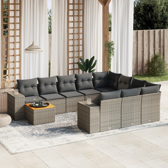 Salon de jardin 11 pcs avec coussins gris résine tressée