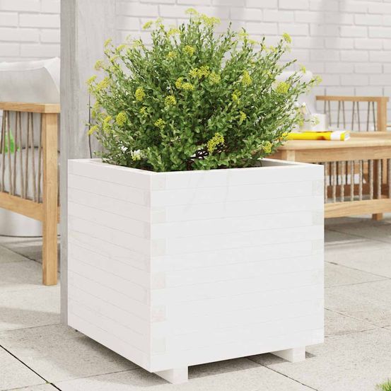 Jardinière carrée en bois pin massif pour jardin balcon blanc 50x50cm
