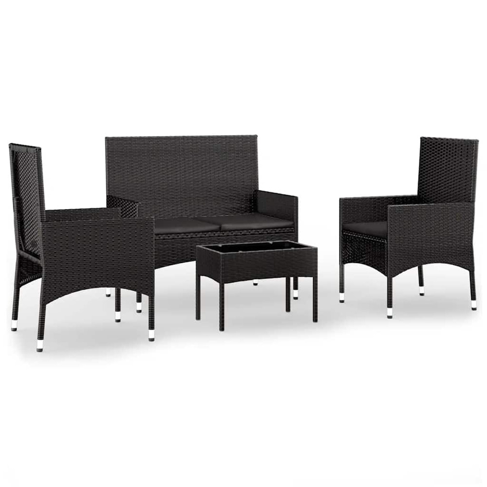 Salon de jardin 4 pcs avec coussins noir résine tressée