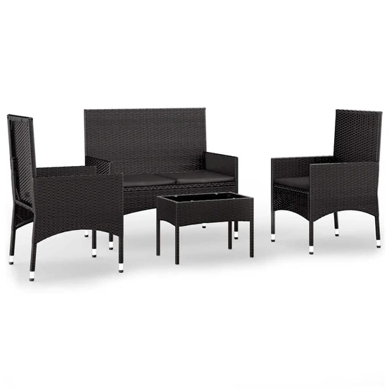 Salon de jardin 4 pcs avec coussins noir résine tressée