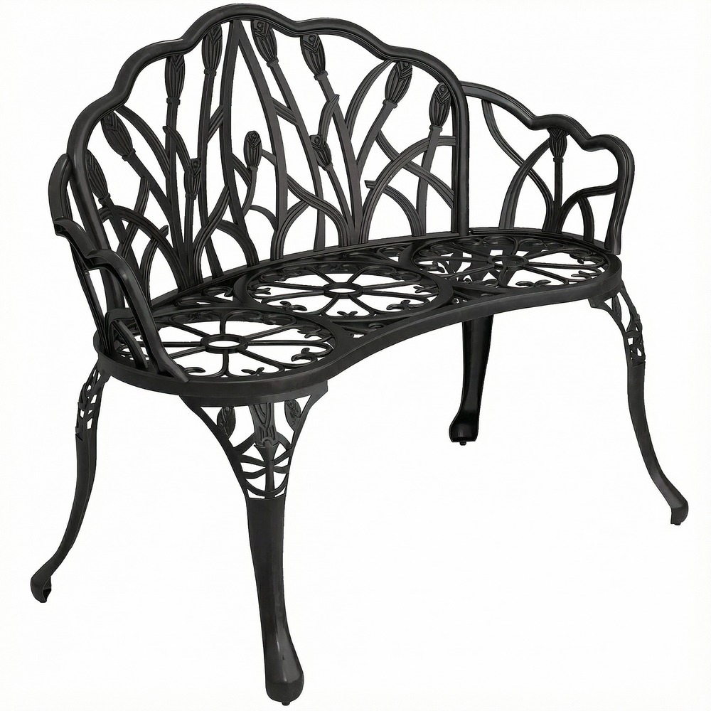 Banc de jardin 2 places : aluminium moulé, résistant, dossier tulipes, motif floral, 99x57x78 cm