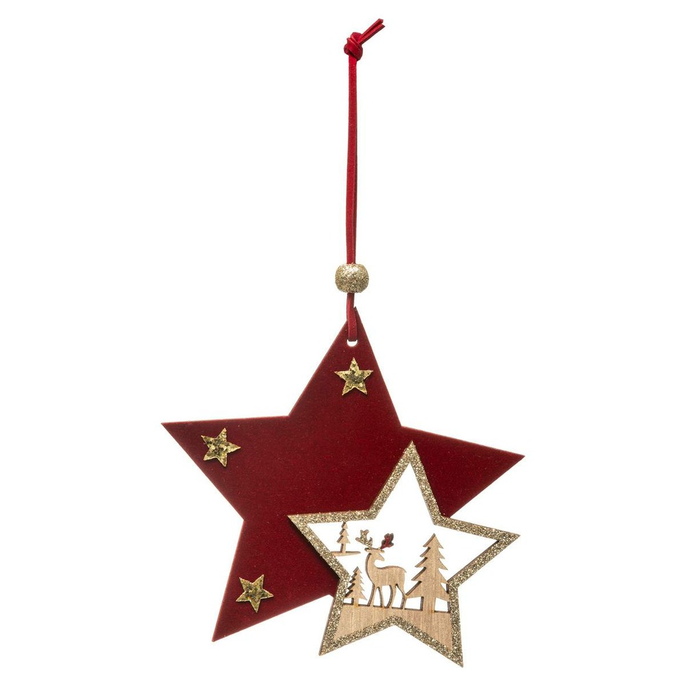 Sujet de noël bois étoile bordeaux doré 12 cm