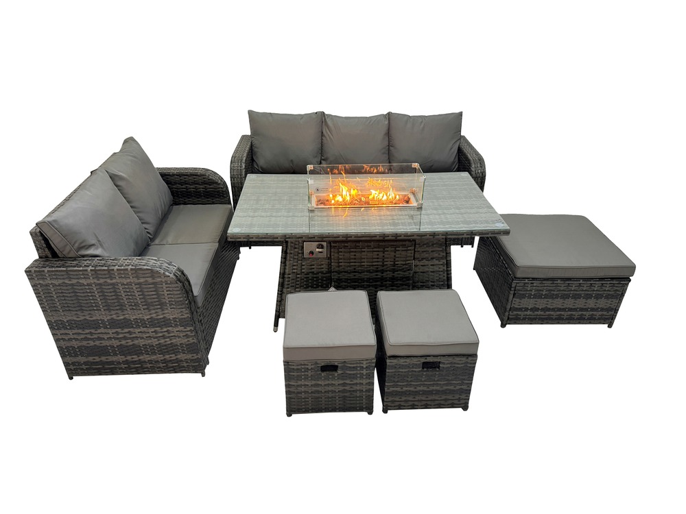 Ensemble salon de jardin extérieur en polyrotin table de foyer à gaz et canapé fauteuil avec 3 tabourets gris foncé mixte