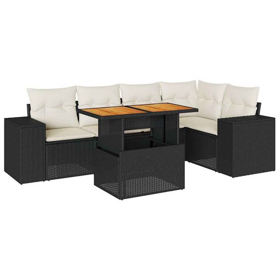 Salon de jardin 6 pcs avec coussins noir résine tressée