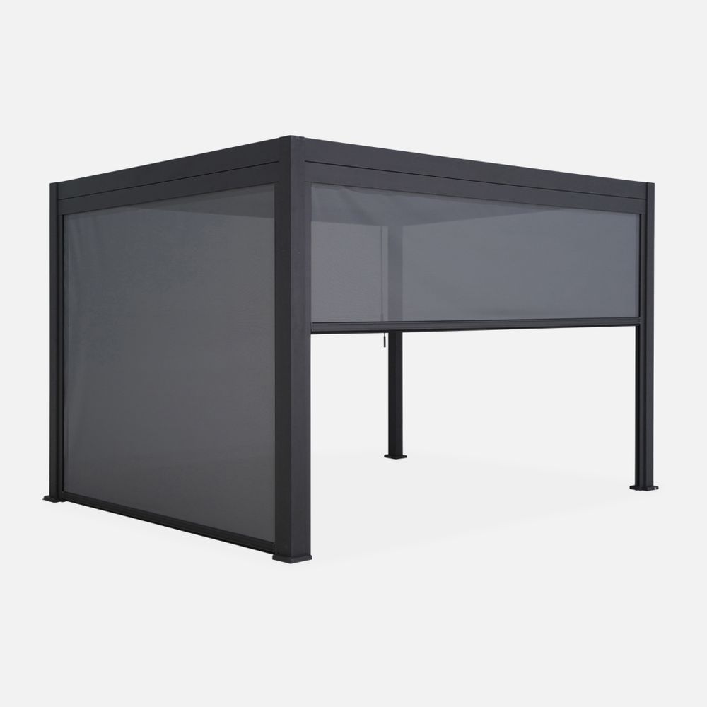 Pergola bioclimatique gris anthracite 4x3m, aluminium à lames orientables + store 3m + store 4m