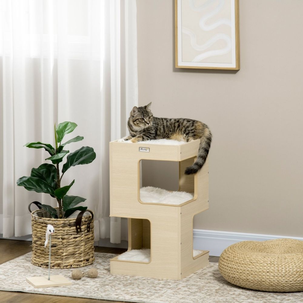 Tour chat bois 3 niveaux maisonnette coussins lavables jouet intégré 60cm chêne gris - comfortxl pet living