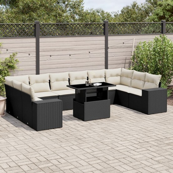 Salon de jardin 11 pcs avec coussins noir résine tressée
