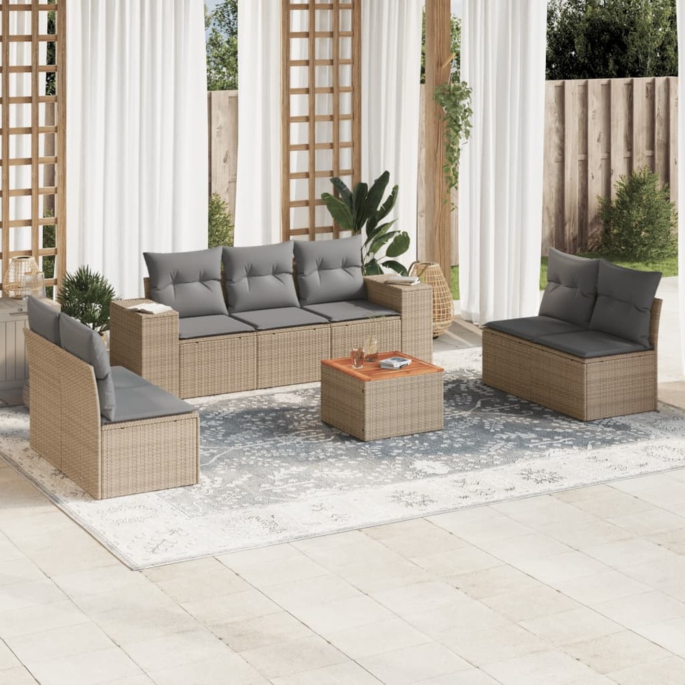 Salon de jardin avec coussins 8 pcs beige résine tressée
