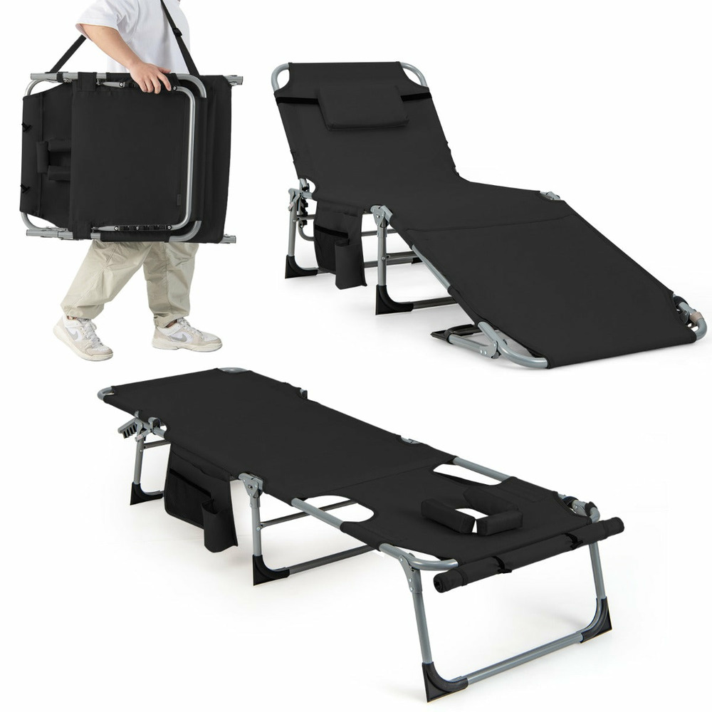 Chaise longue pliante à 5 positions repose-pieds réglables trou pour le visage oreiller amovible poche de rangement chaise pl