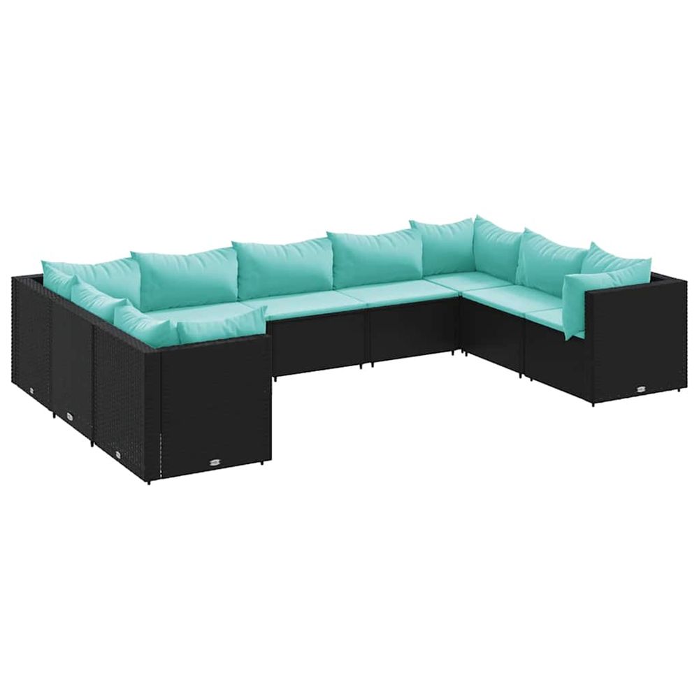 Salon de jardin 9 pcs avec coussins noir résine tressée