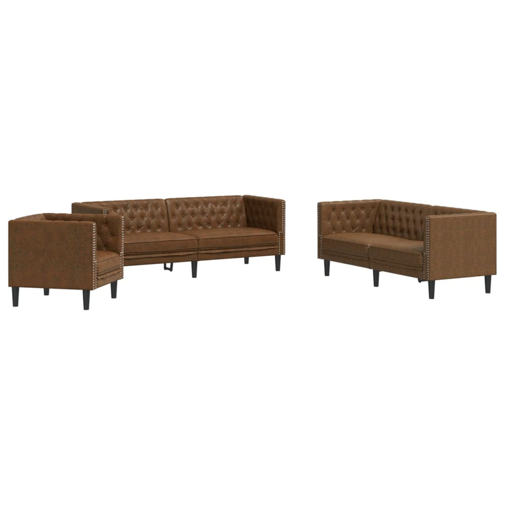 Ensemble de canapé chesterfield 3 pcs marron similicuir daim
