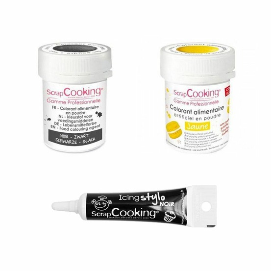 2 colorants alimentaires jaune-noir + stylo glaçage noir