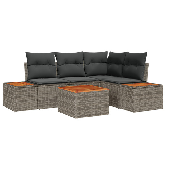 Set de canapé de jardin 5 pièces avec coussins gris rattan poly acacia