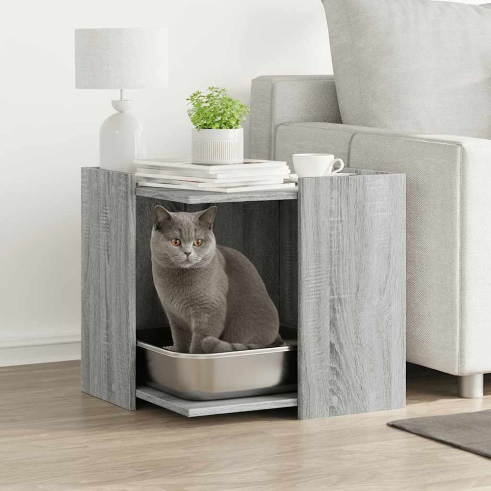 Maison de toilette chat multifonction en bois table d'appoint gris sonoma