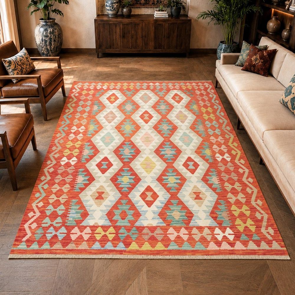 Tapis kilim 152 x 198 cm, orange, crème et vert, en laine, kilim 86