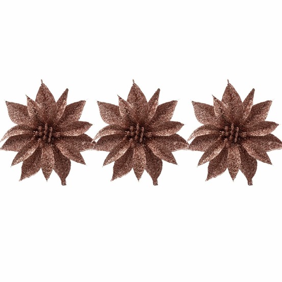 Déco de sapin lot de 3 fleurs vieux rose pailleté