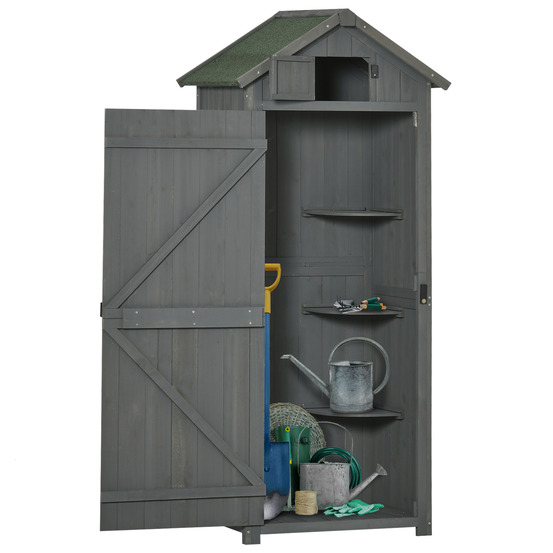 Armoire de jardin avec étagères et fenêtres, toit en asphalte, bois gris+vert 77×54,2×179 cm