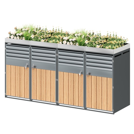 Boîte à poubelles, ouverture aérée à lamelles, rangement, verrouillable, 4 portes, surface de plantation