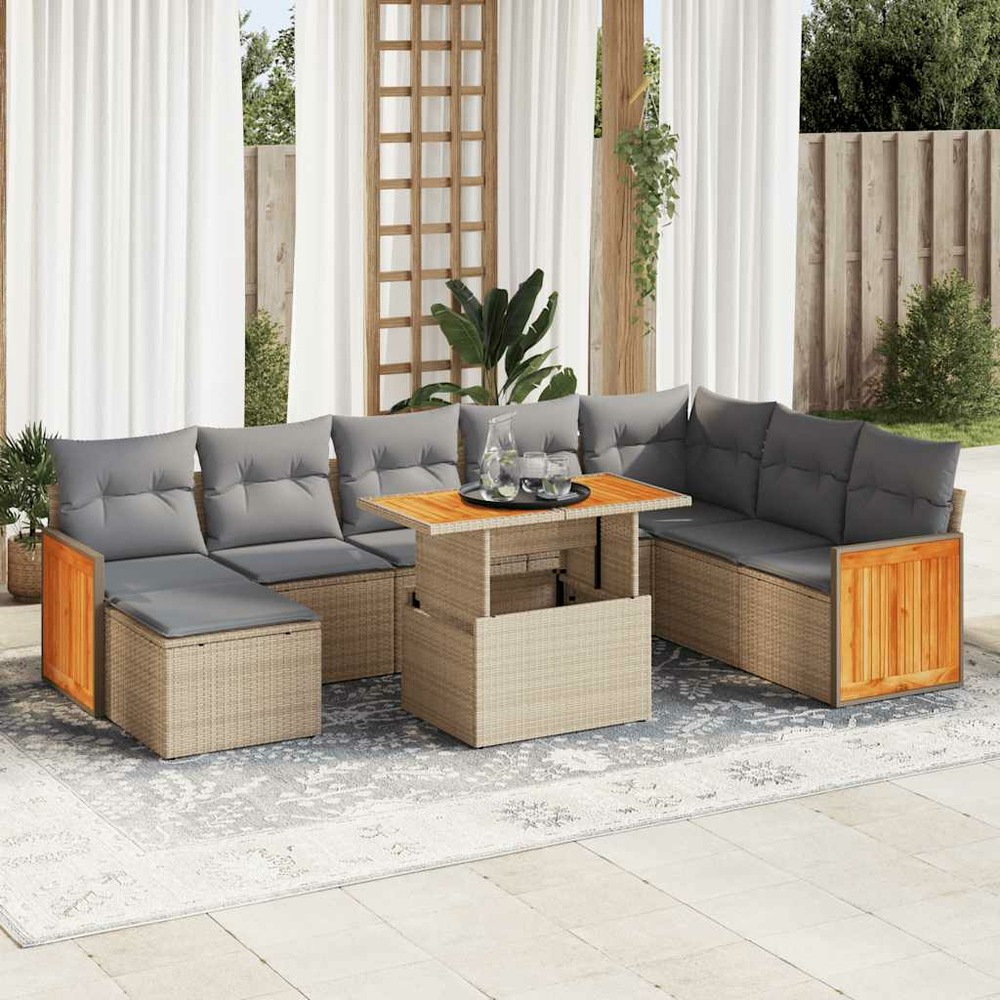 Salon de jardin avec coussins 9 pcs beige résine tressée acacia