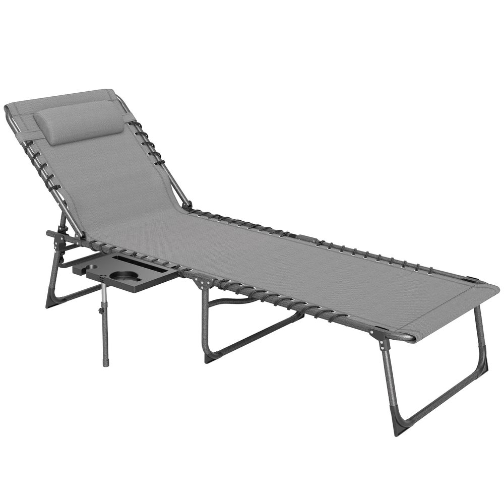 Bain de soleil transat pliable inclinable avec poignée, plateau et pochette rangement acier oxford gris