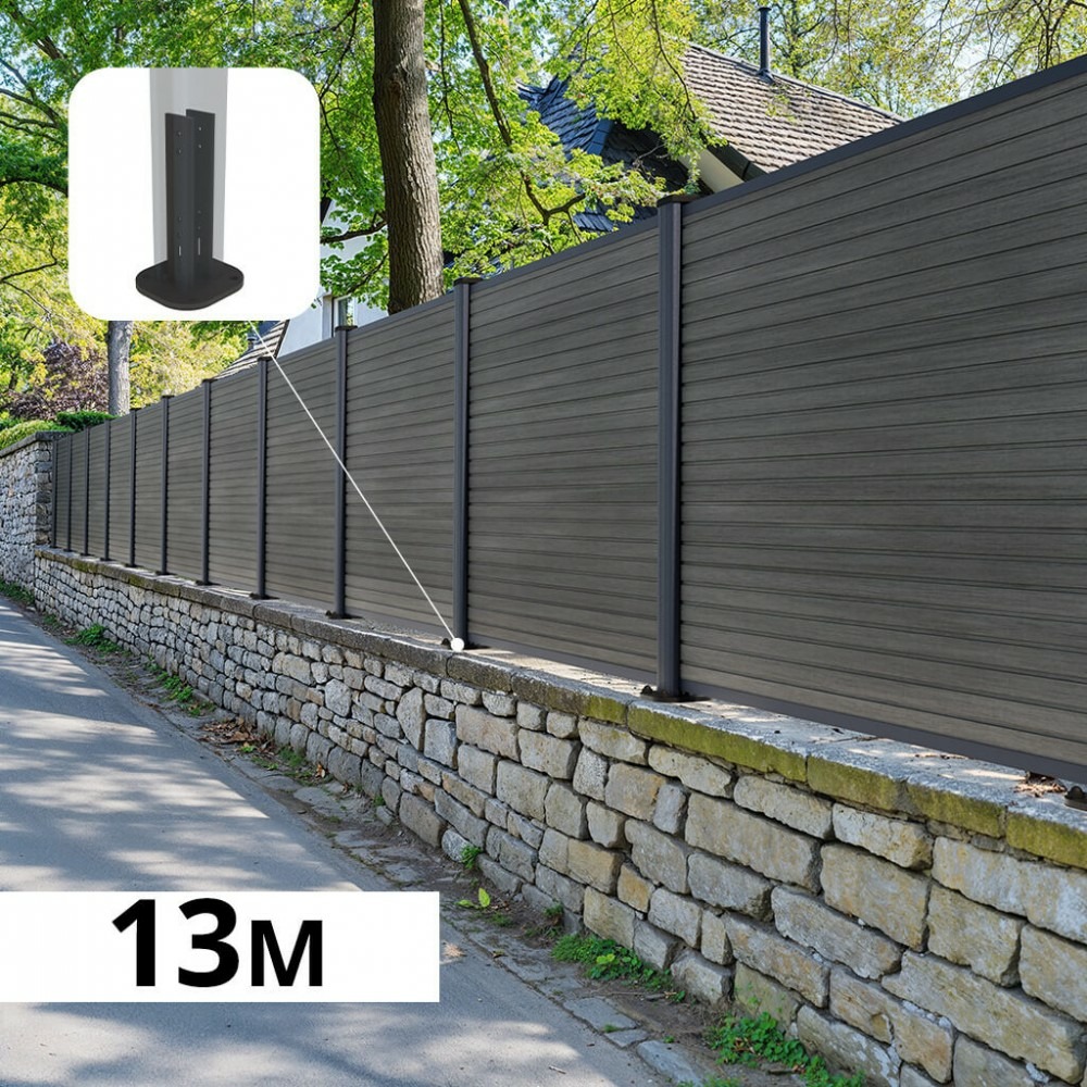 Kit clôture composite sur muret santos ardoise 13x1,2m - bois composite & aluminium - poteaux sur platines gris - brise vue