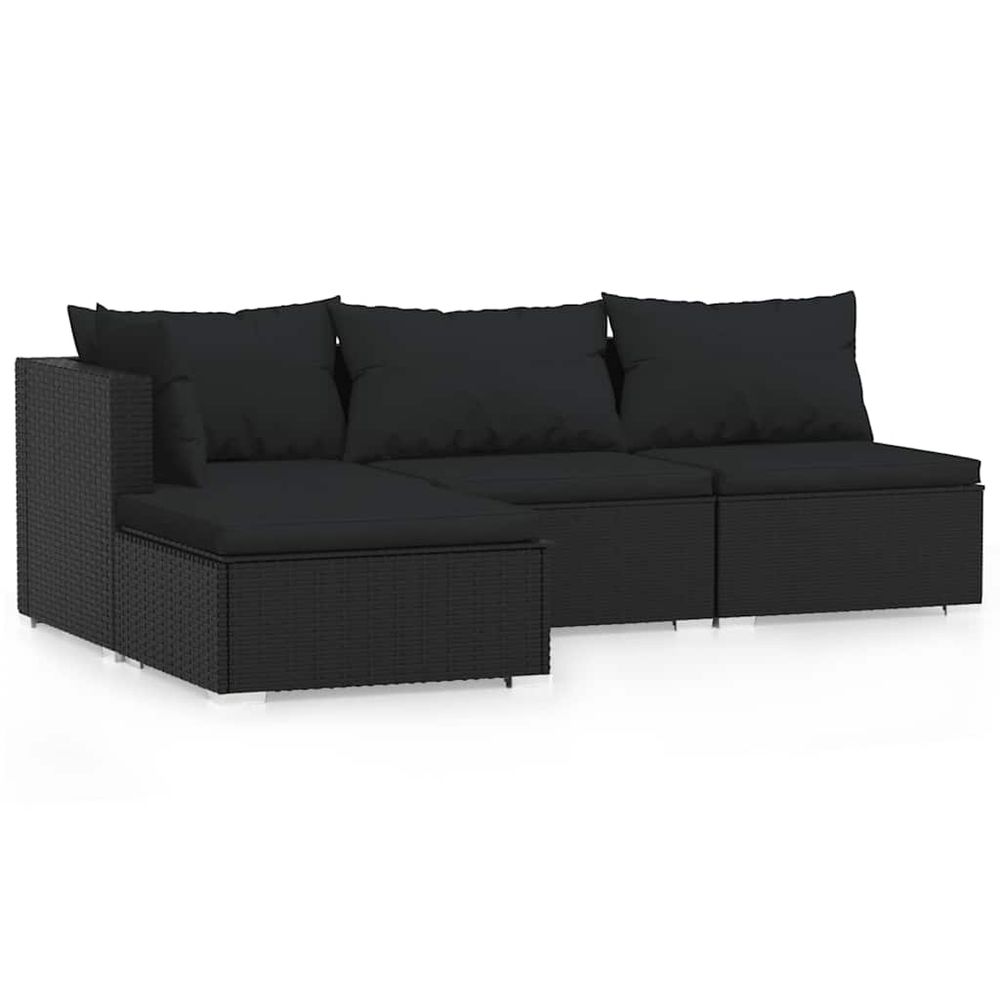 Salon de jardin 4 pcs avec coussins noir résine tressée