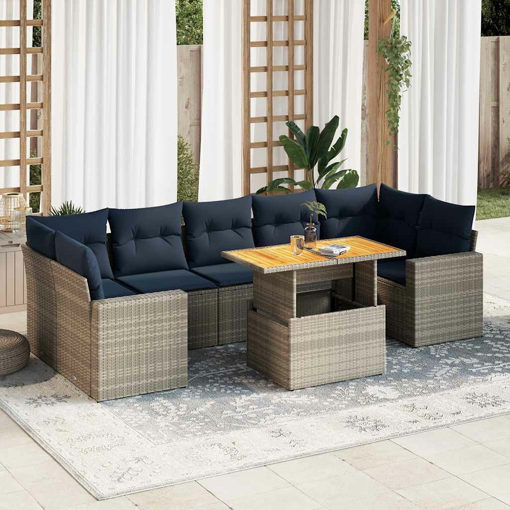 Salon de jardin 8 pcs avec coussins gris résine tressée
