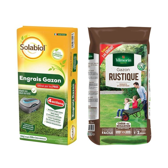 Lot d'un sac de gazon rustique 5kgs et d'un sac engrais gazon 10kgs