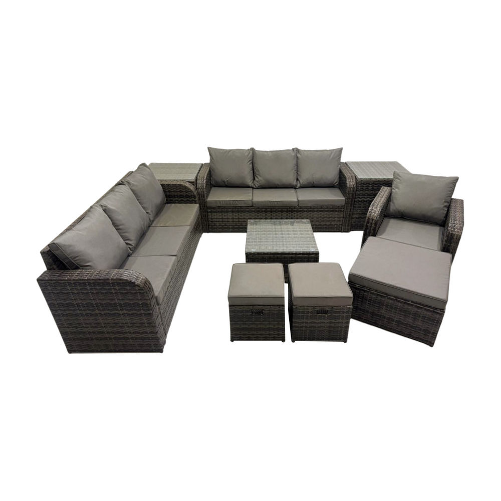 10 places salon de jardin exterieur avec canapés table basse carrée chaise inclinable 3 tabourets 2 tables d'appoint