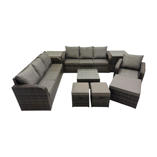 10 places salon de jardin exterieur avec canapés table basse carrée chaise inclinable 3 tabourets 2 tables d'appoint