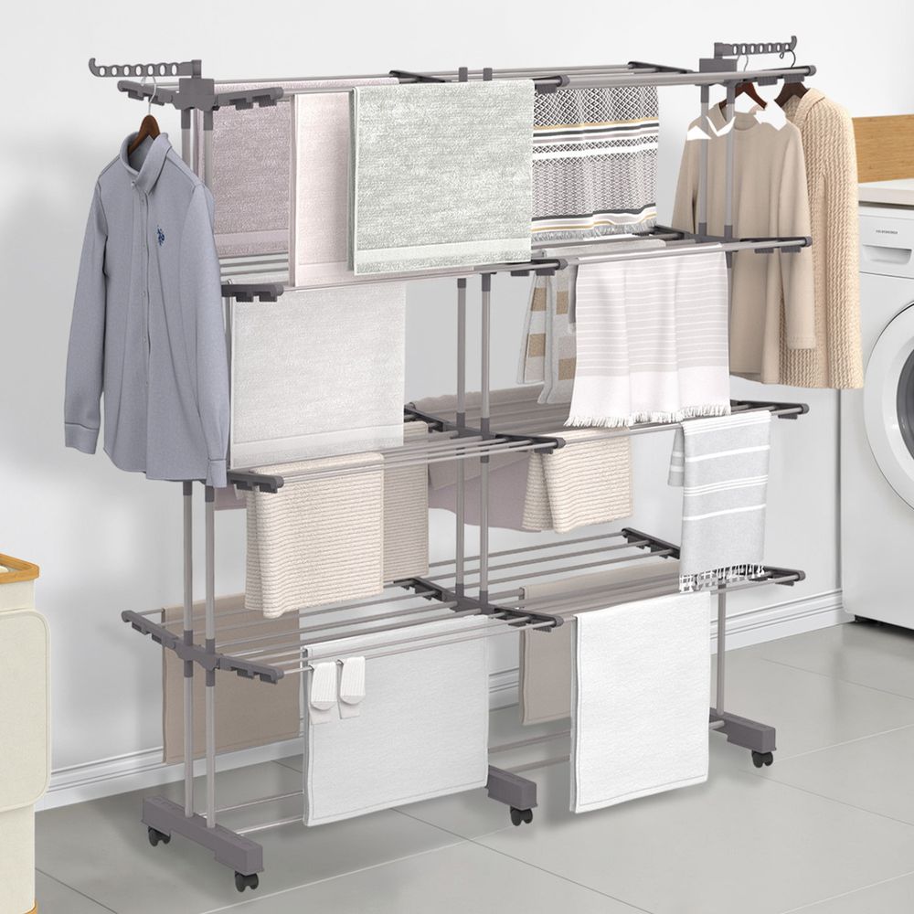 Séchoir à linge vertical pliable et extensible 4 niveaux maxi capacité 50m inox et gris
