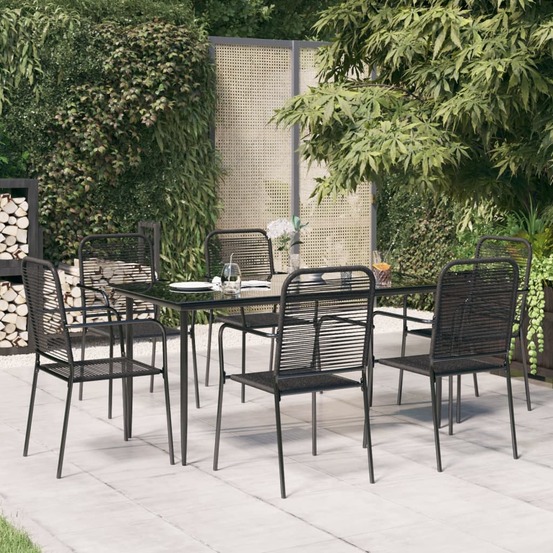 Ensemble à manger de jardin 7 pcs noir corde de coton et acier