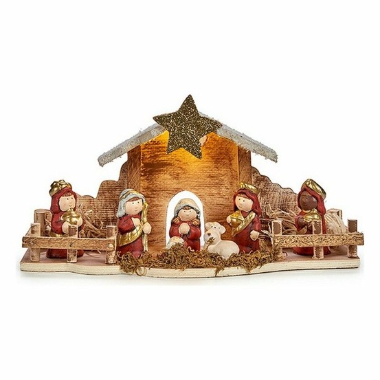 Crèche de noël lumière led 33 x 16 x 10,5 cm céramique rouge bois marron blanc