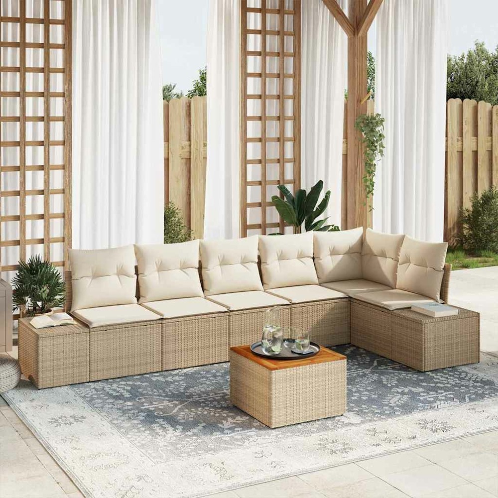 Ensemble de canapé de jardin avec coussin 7 pcs beige polyrotin